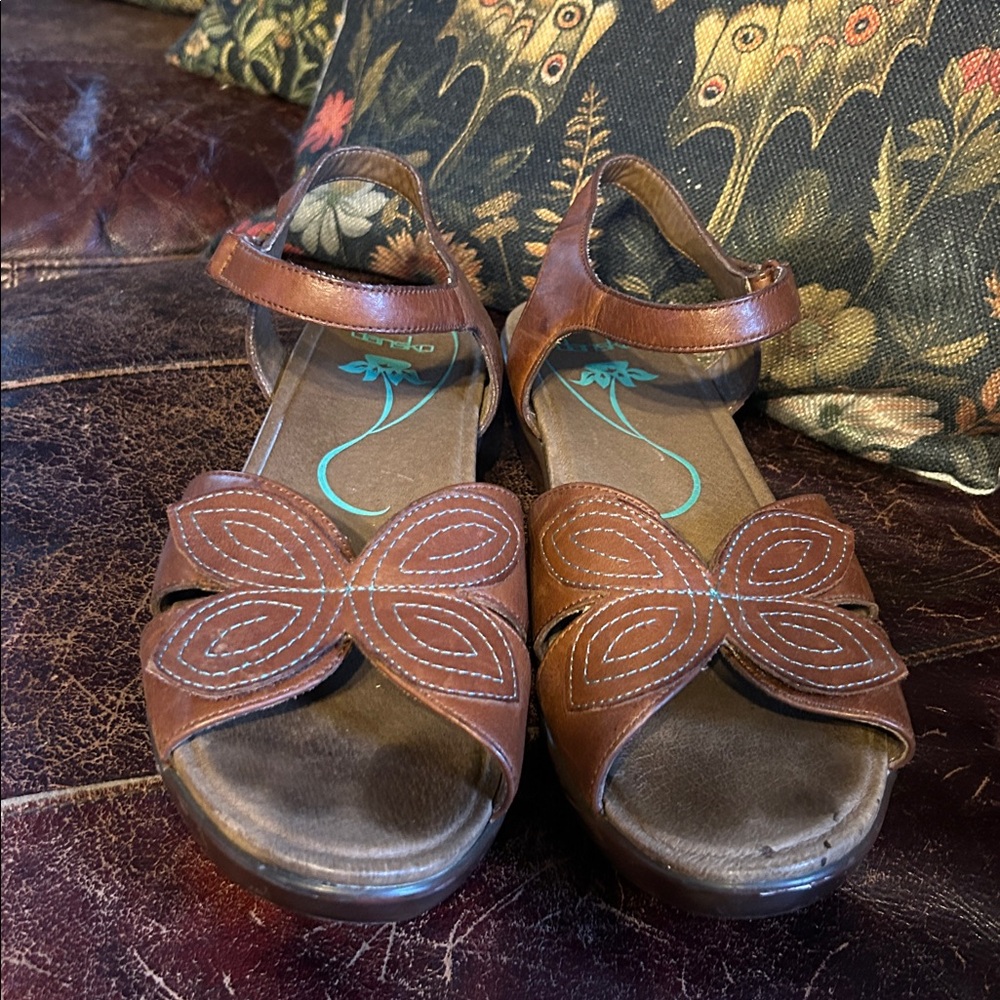 Dansko Carmel Leather Sandals with teal stitching